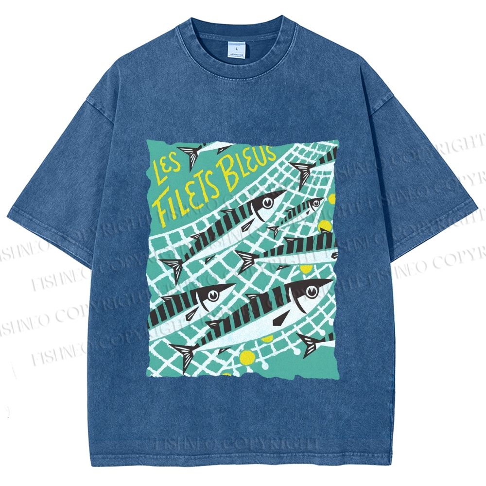 Unisex Sardine Fish in Net Printed Washed Tee