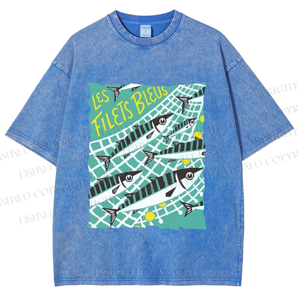 Unisex Sardine Fish in Net Printed Washed Tee