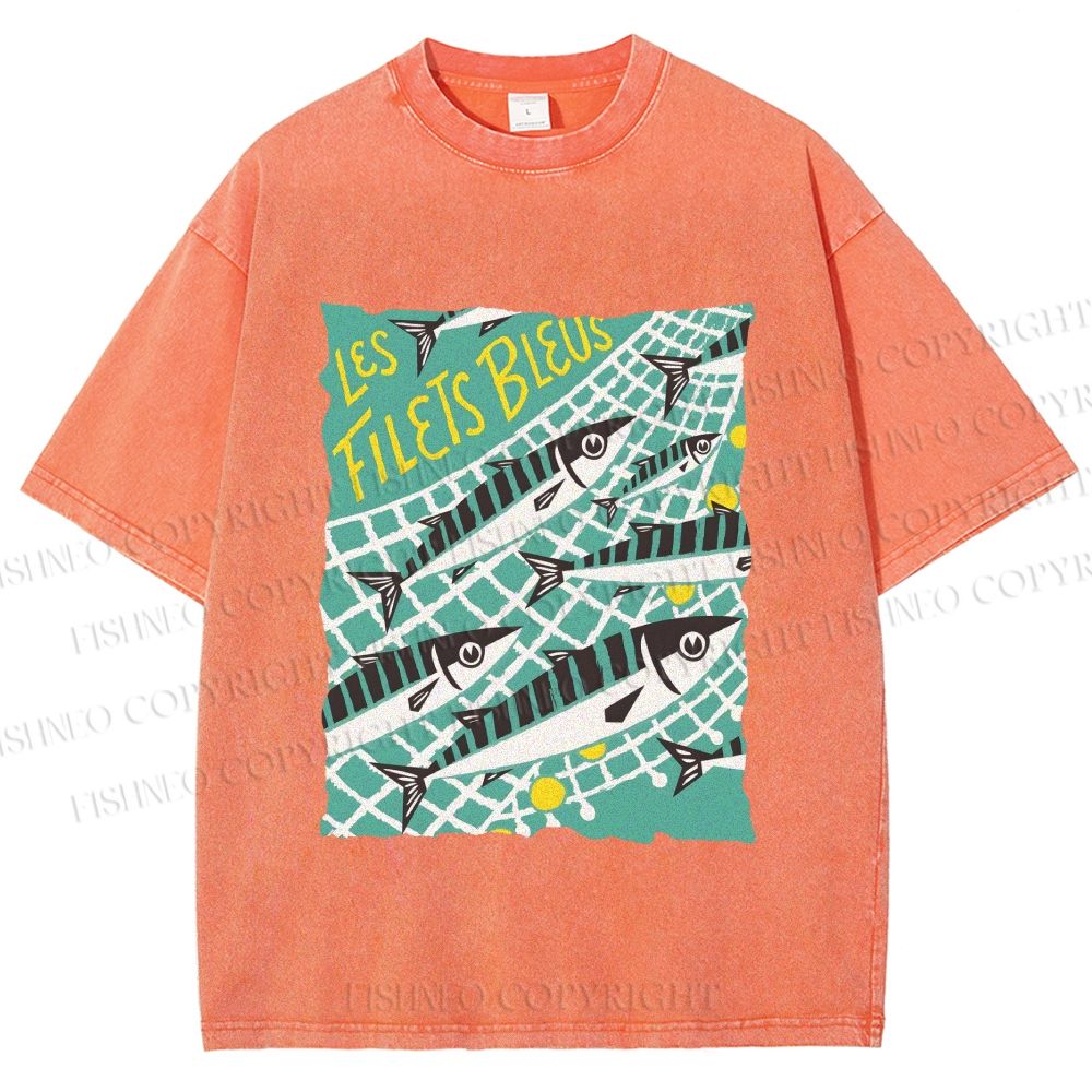 Unisex Sardine Fish in Net Printed Washed Tee