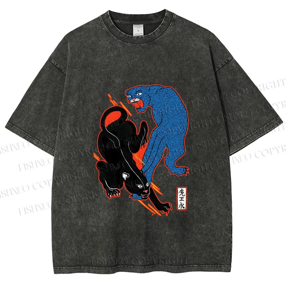 Unisex Black Panther With Blue Panther Printed Washed Tee