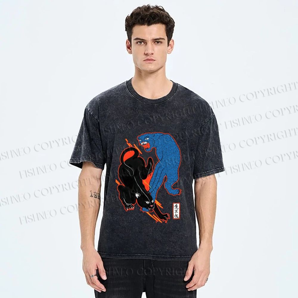 Unisex Black Panther With Blue Panther Printed Washed Tee
