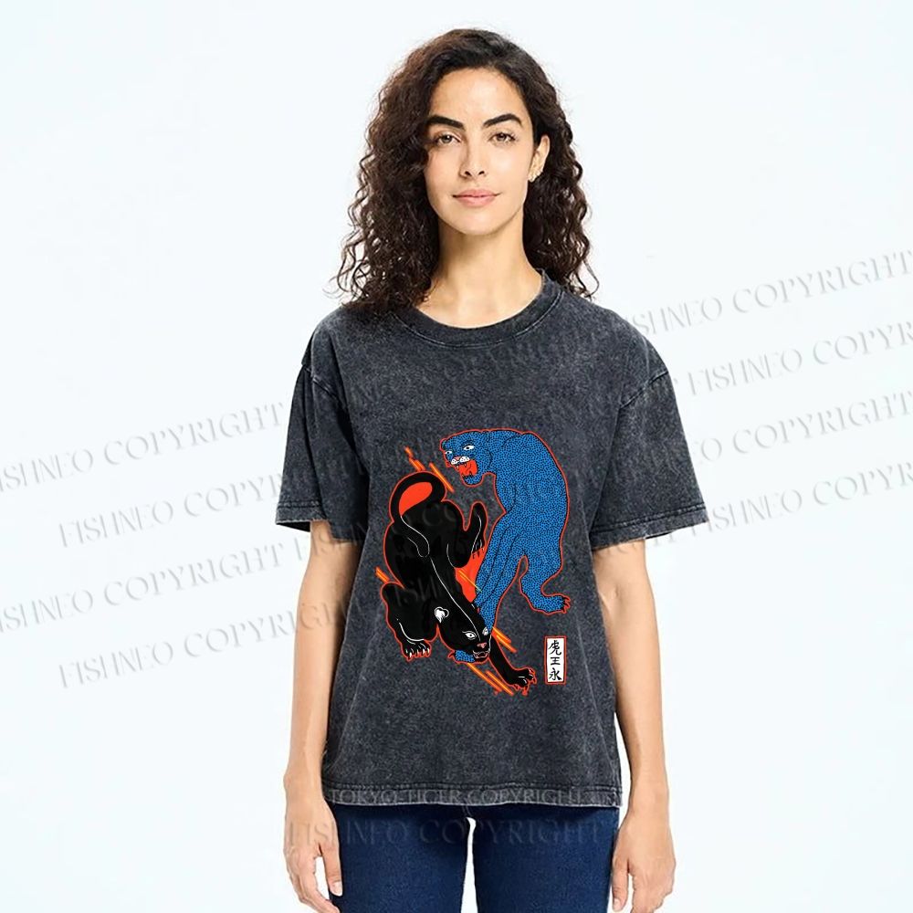 Unisex Black Panther With Blue Panther Printed Washed Tee