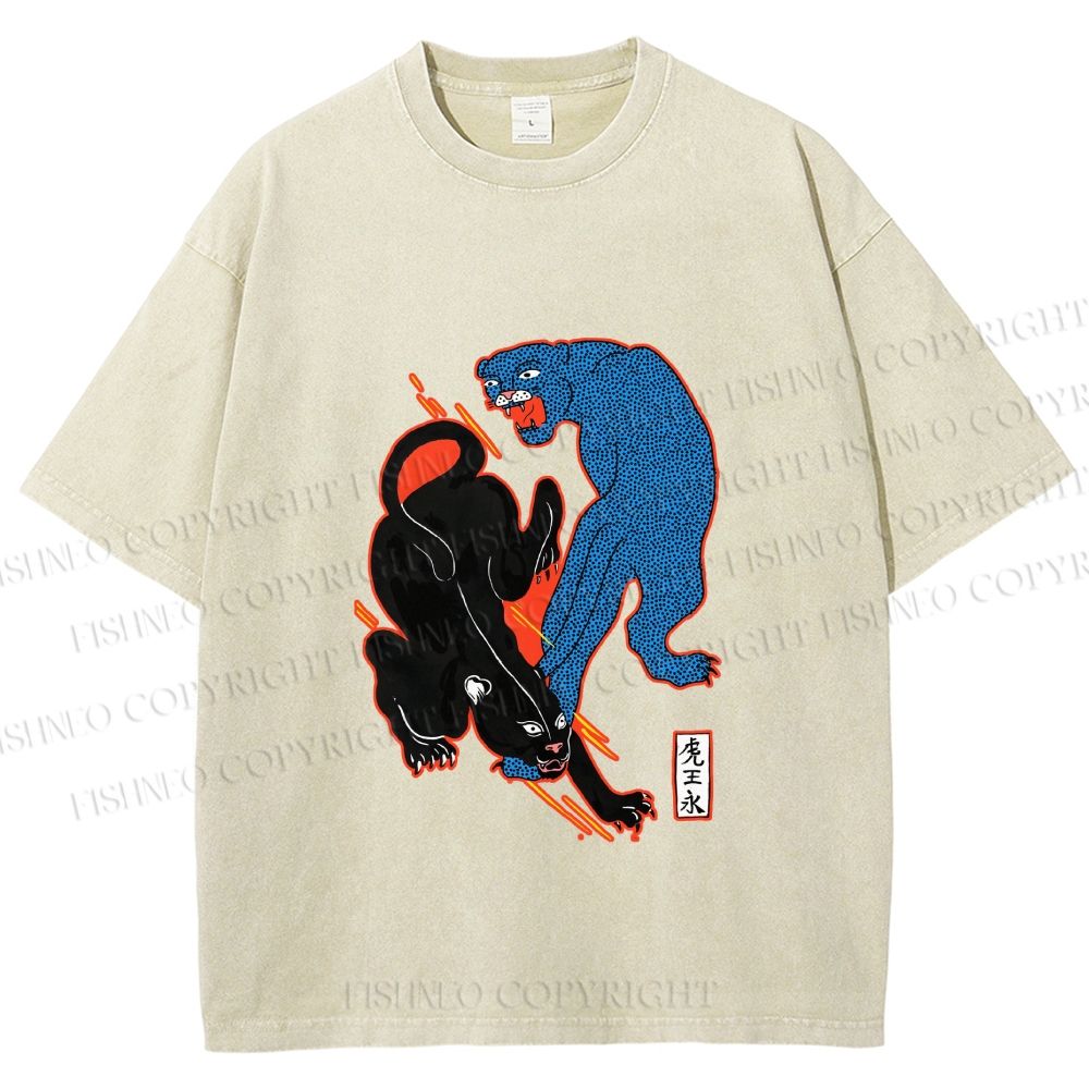 Unisex Black Panther With Blue Panther Printed Washed Tee