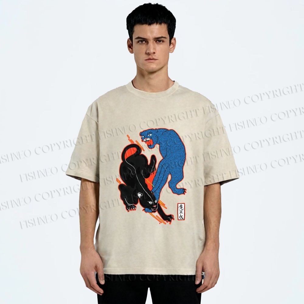 Unisex Black Panther With Blue Panther Printed Washed Tee