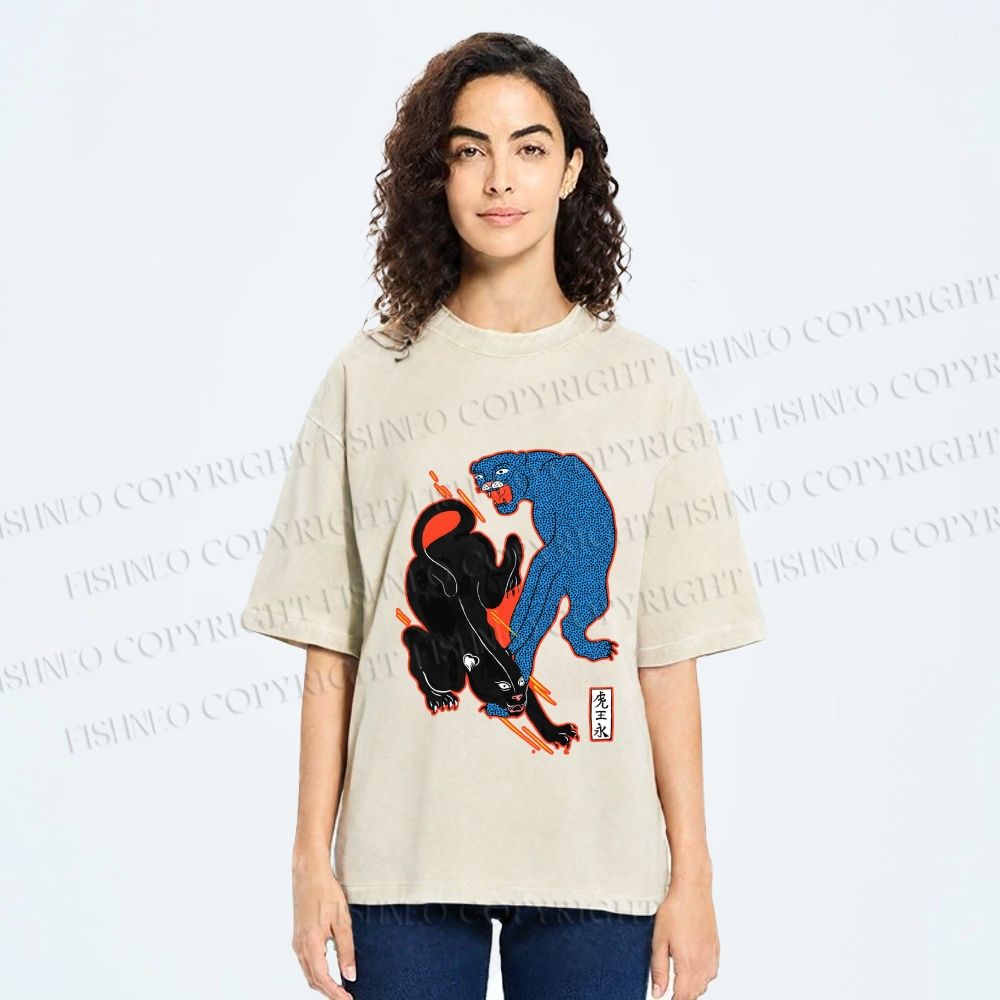 Unisex Black Panther With Blue Panther Printed Washed Tee