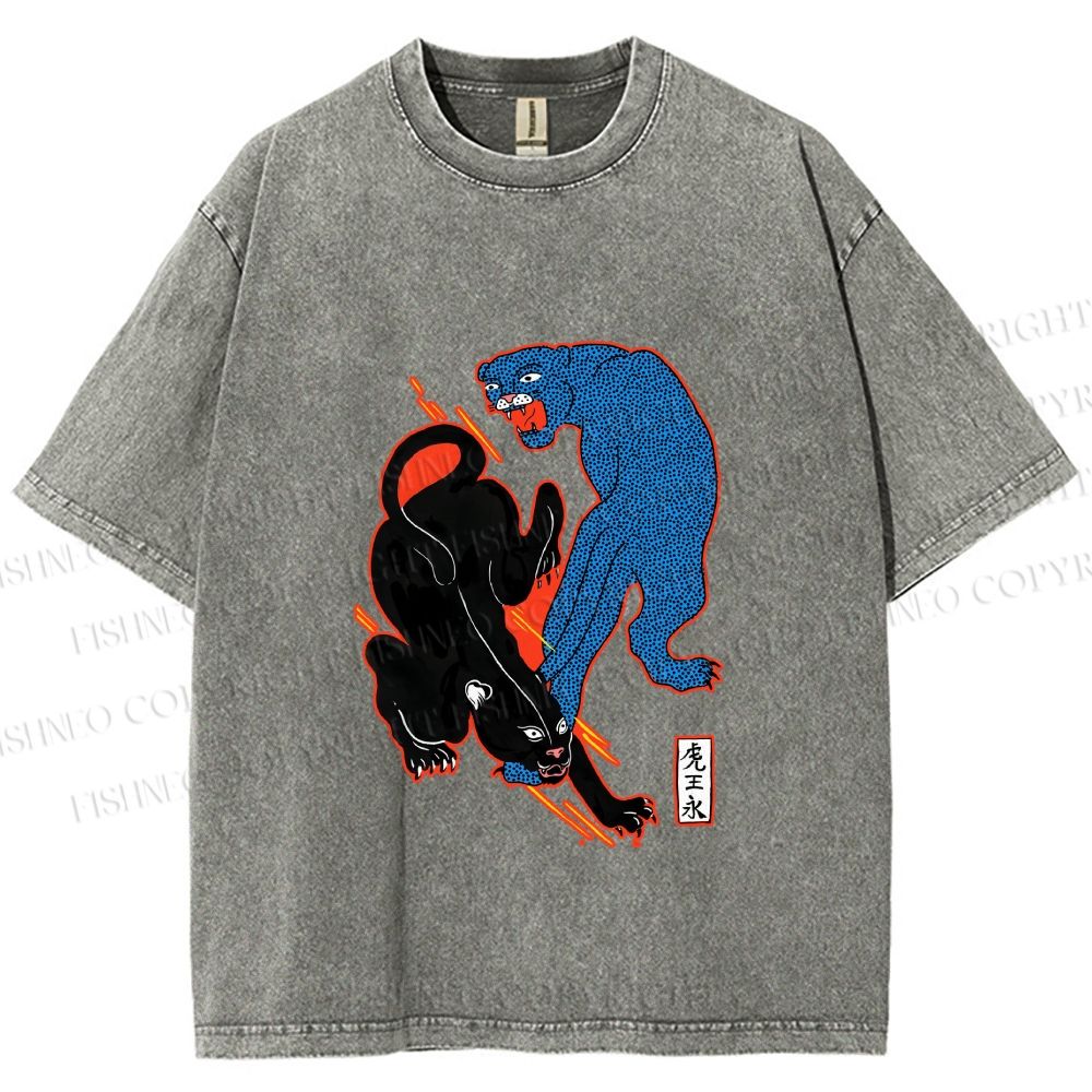Unisex Black Panther With Blue Panther Printed Washed Tee