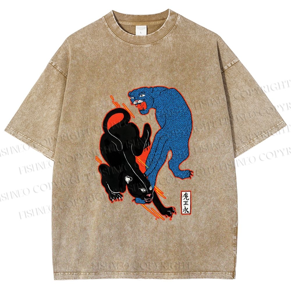 Unisex Black Panther With Blue Panther Printed Washed Tee