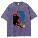 Unisex Black Panther With Blue Panther Printed Washed Tee