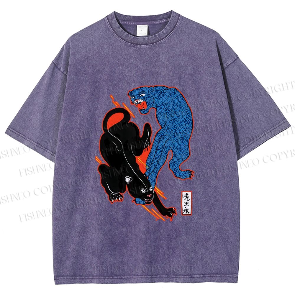 Unisex Black Panther With Blue Panther Printed Washed Tee