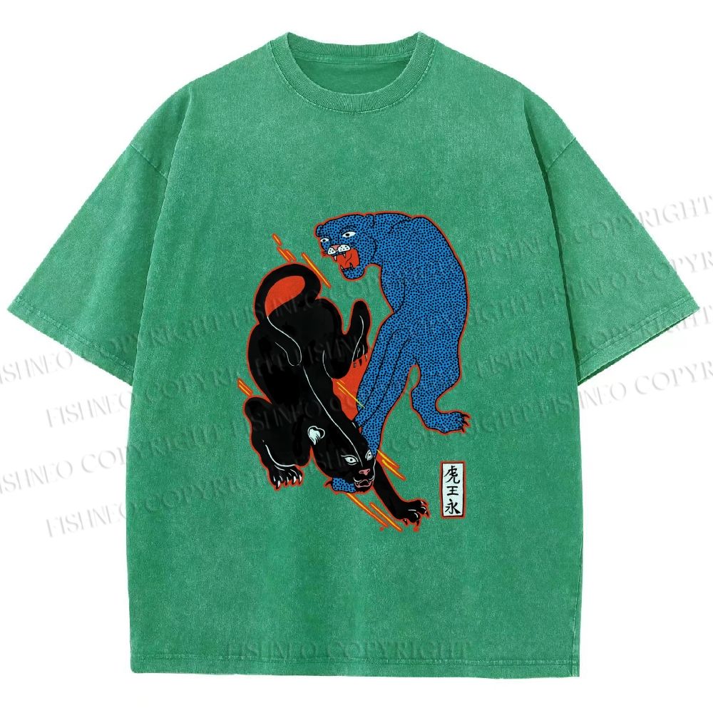 Unisex Black Panther With Blue Panther Printed Washed Tee