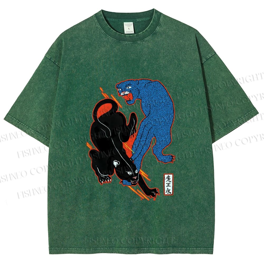Unisex Black Panther With Blue Panther Printed Washed Tee