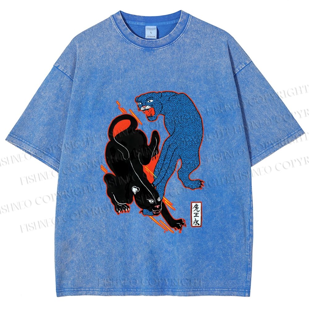 Unisex Black Panther With Blue Panther Printed Washed Tee