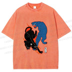 Unisex Black Panther With Blue Panther Printed Washed Tee
