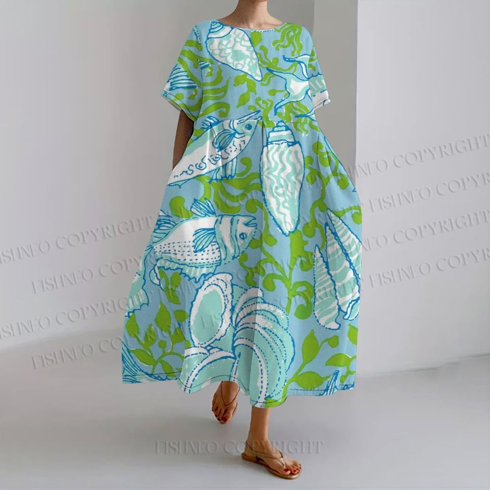 Women's Preppy Ocean Sea Creature Fish loose Fit round neck long sleeve maxi dress