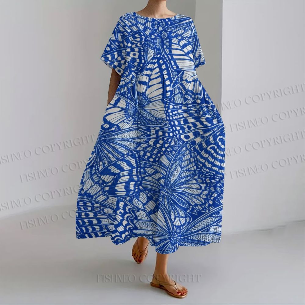 Women's Blue White Line Art Butterfly Print loose Fit round neck long sleeve maxi dress
