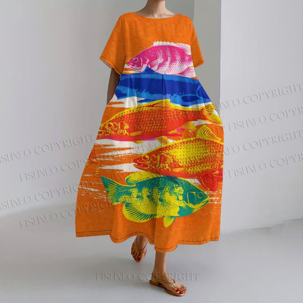 Women's Vintage Bright Color Fish loose Fit round neck long sleeve maxi dress