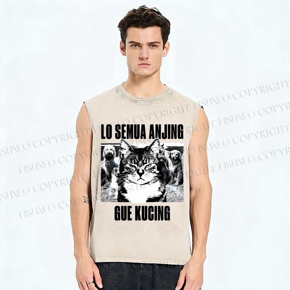 Unisex Cat And Dogs Printed Washed Tank Top