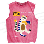 Unisex Big Cat Printed Washed Tank Top