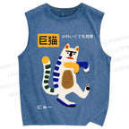 Unisex Big Cat Printed Washed Tank Top