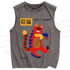 Unisex Big Cat Printed Washed Tank Top