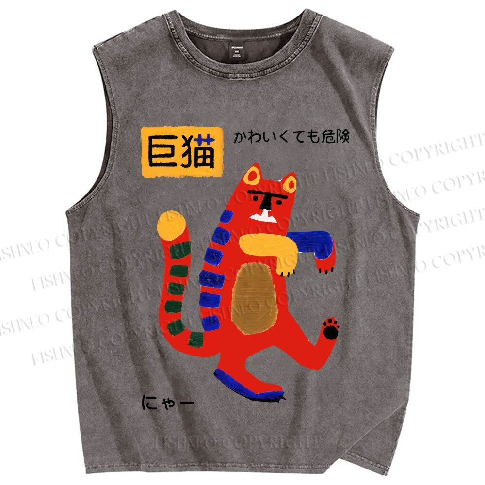 Unisex Big Cat Printed Washed Tank Top