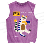 Unisex Big Cat Printed Washed Tank Top