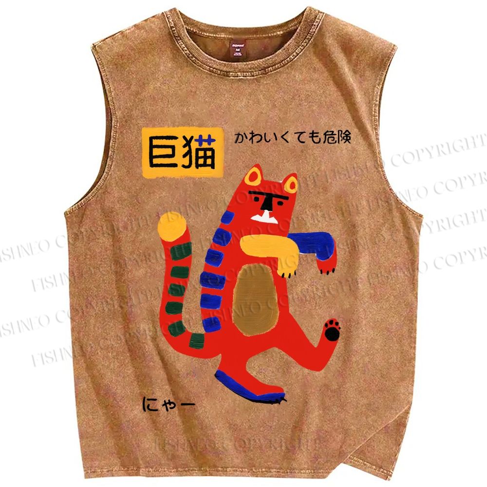 Unisex Big Cat Printed Washed Tank Top