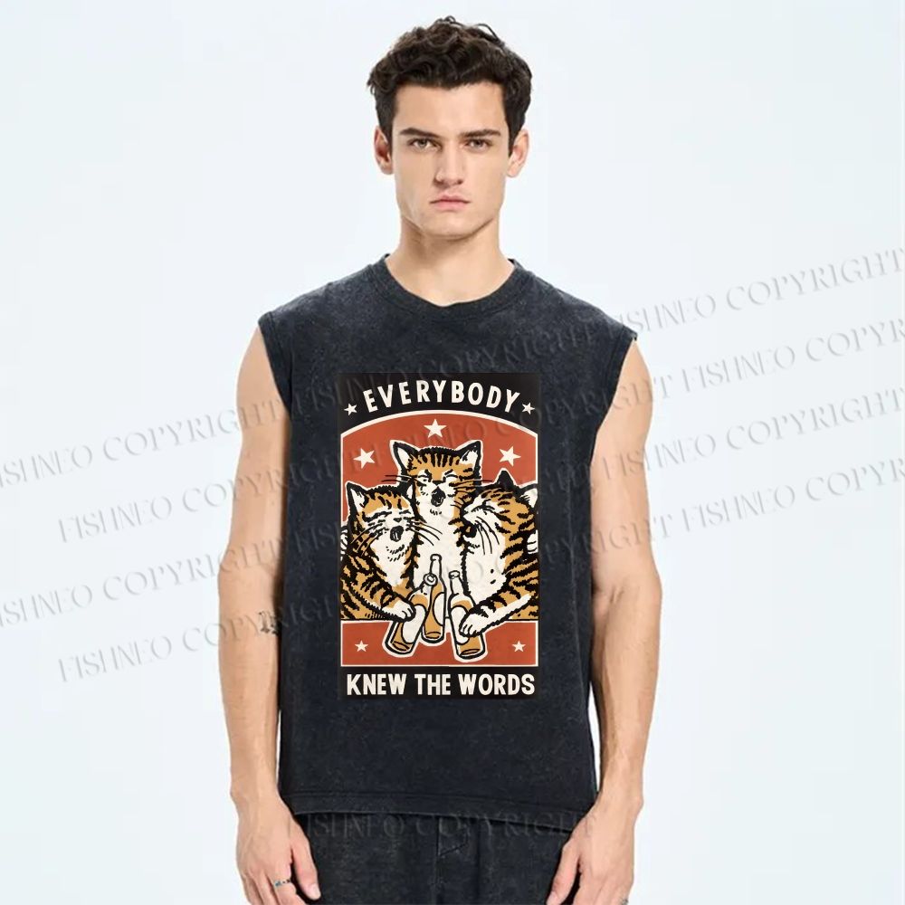 Unisex Everybody Knew The Words Cat Printed Washed Tank Top