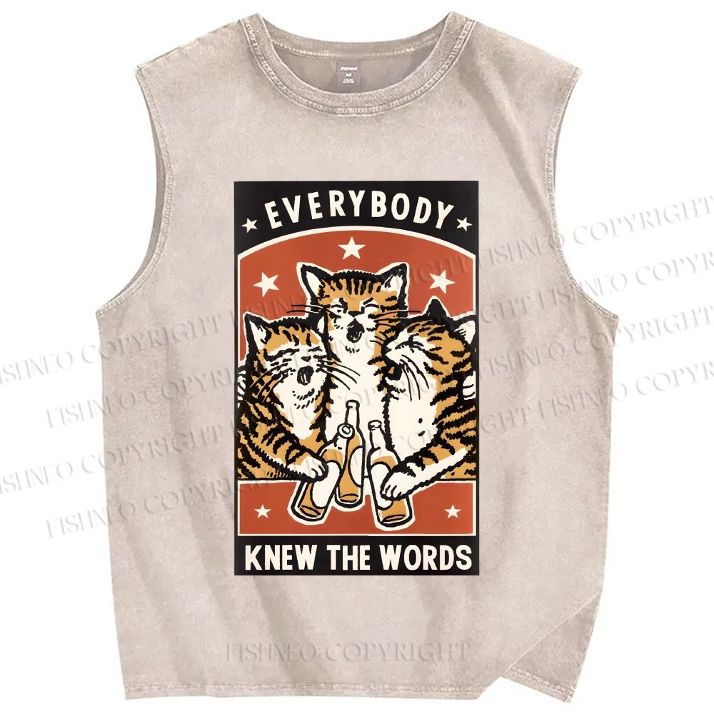 Unisex Everybody Knew The Words Cat Printed Washed Tank Top