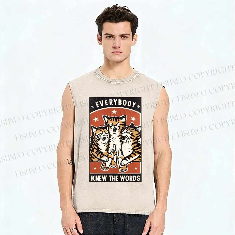 Unisex Everybody Knew The Words Cat Printed Washed Tank Top