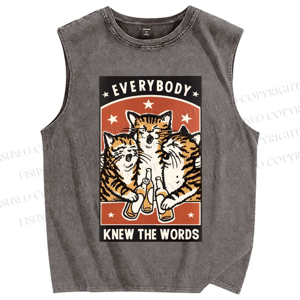 Unisex Everybody Knew The Words Cat Printed Washed Tank Top