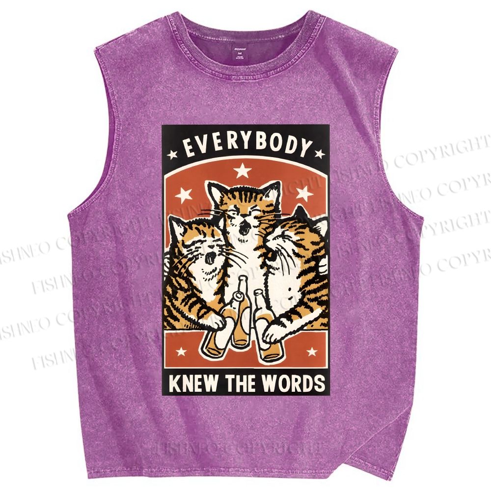 Unisex Everybody Knew The Words Cat Printed Washed Tank Top
