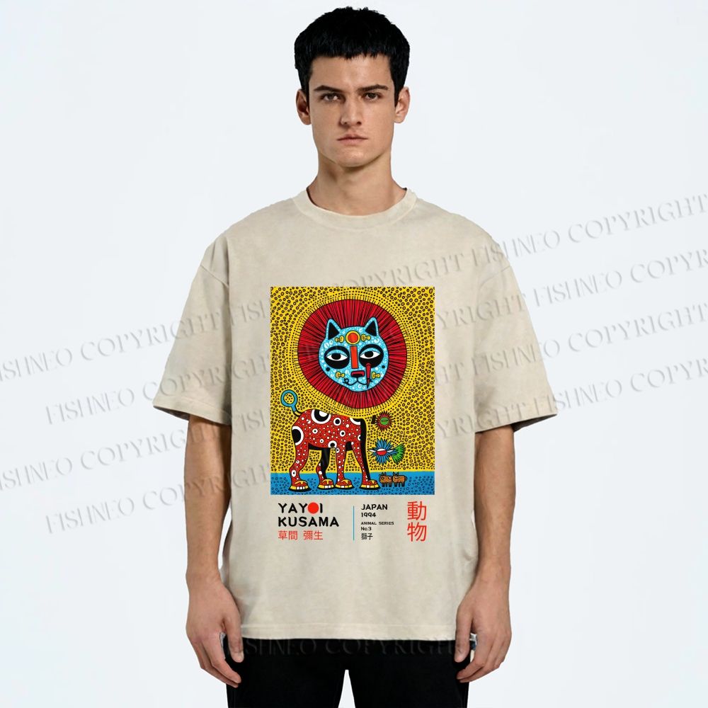 Unisex Yayoi Kusama Lion Printed Washed Tee