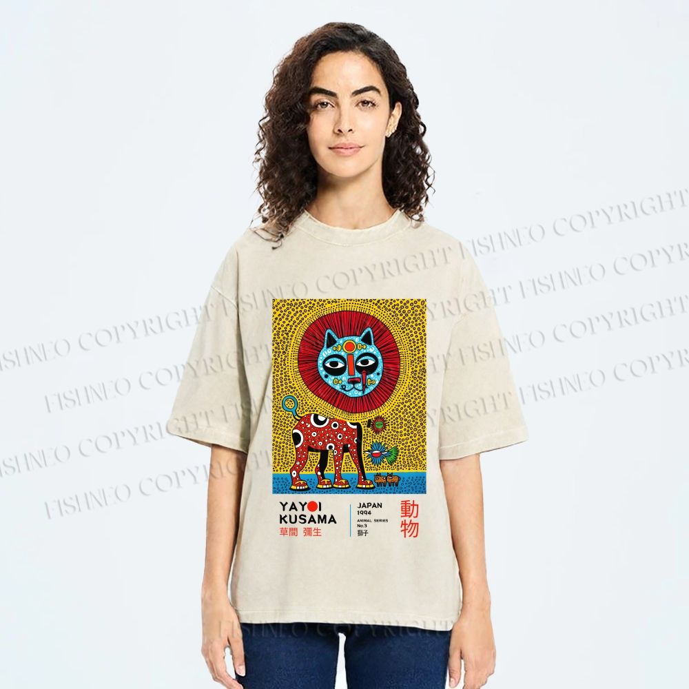 Unisex Yayoi Kusama Lion Printed Washed Tee