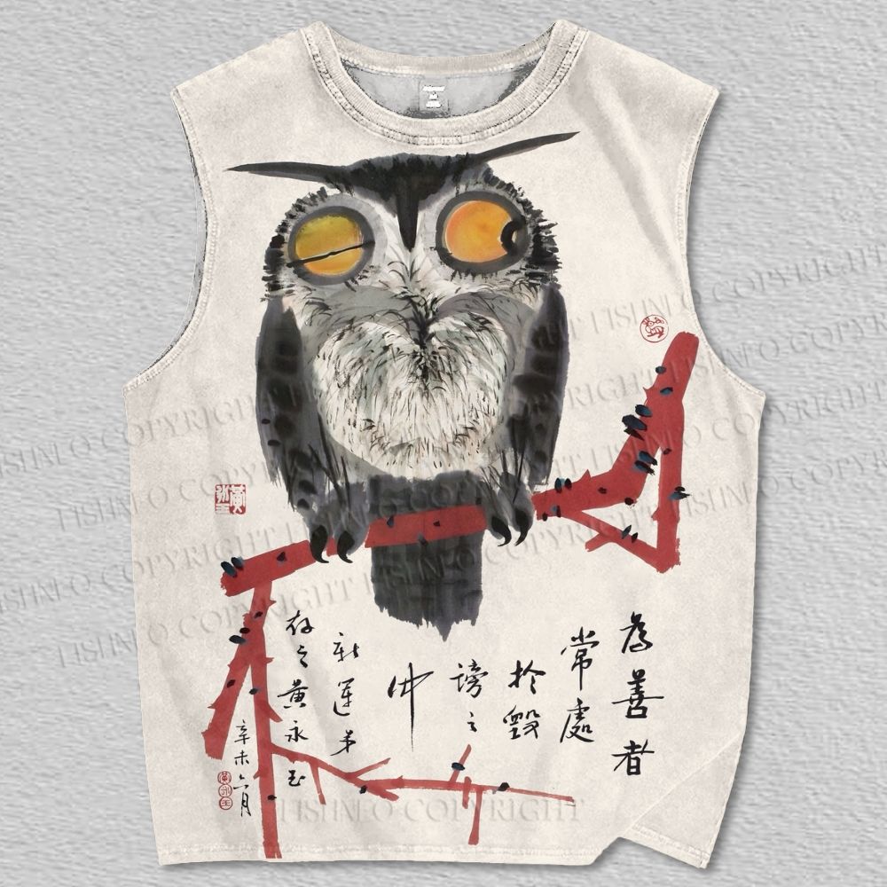 Unisex Japanese Vintage Funny Owl  Printed Tank Top