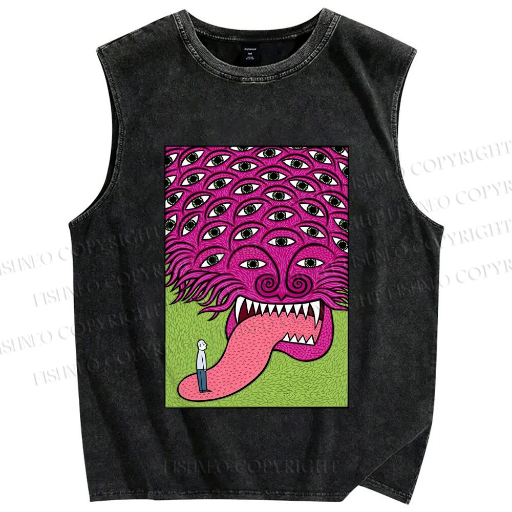 Unisex Spooky Monster With Eyes Printed Washed Tank Top