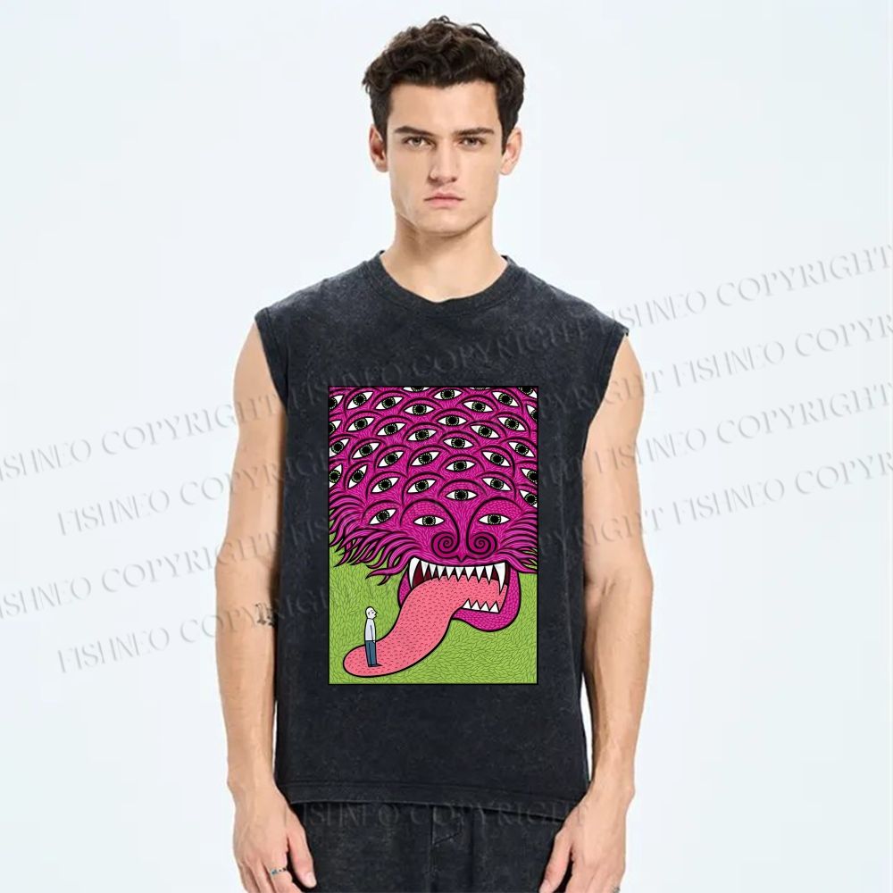 Unisex Spooky Monster With Eyes Printed Washed Tank Top