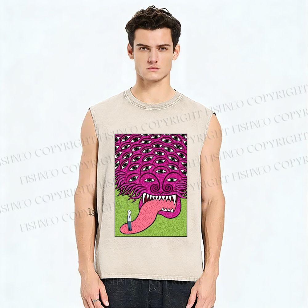 Unisex Spooky Monster With Eyes Printed Washed Tank Top