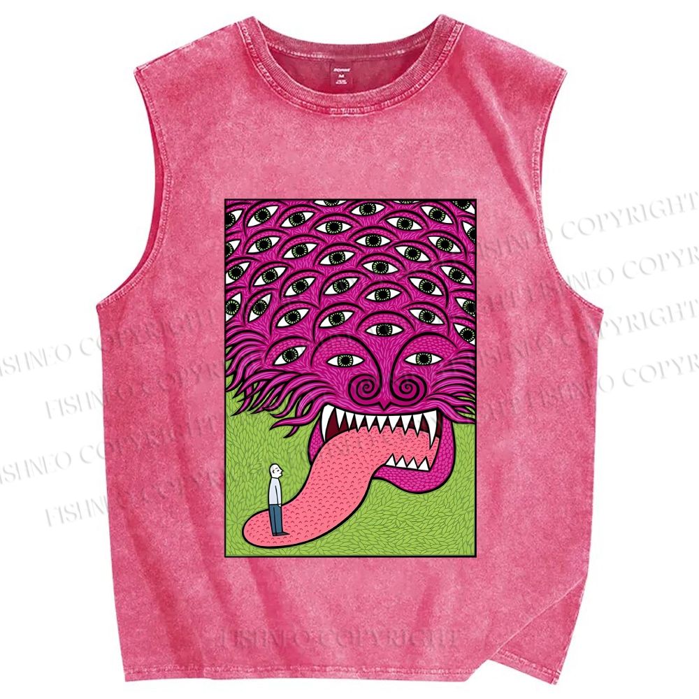 Unisex Spooky Monster With Eyes Printed Washed Tank Top