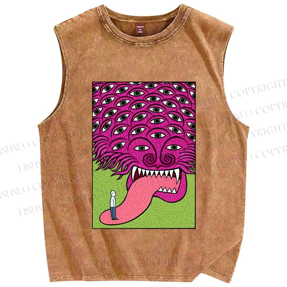 Unisex Spooky Monster With Eyes Printed Washed Tank Top