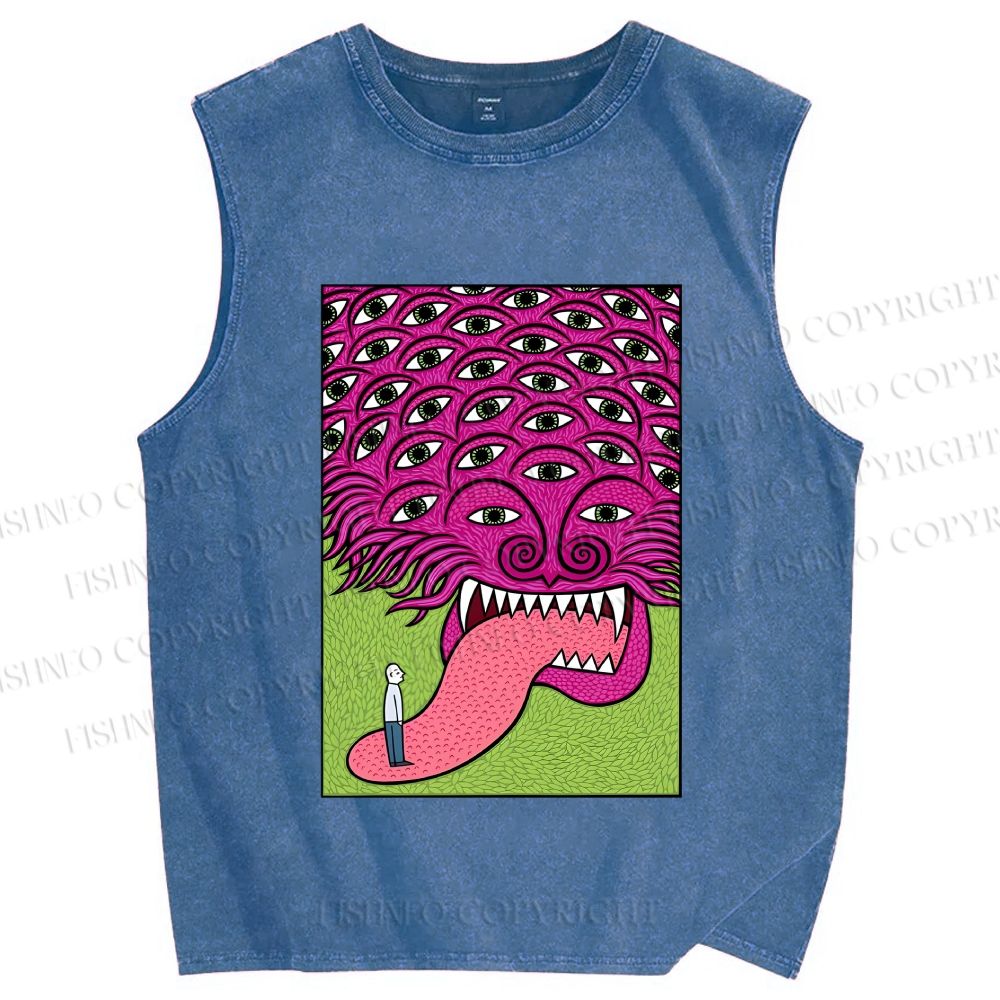 Unisex Spooky Monster With Eyes Printed Washed Tank Top