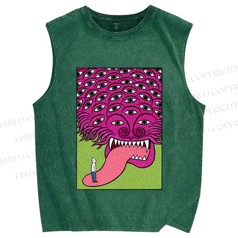 Unisex Spooky Monster With Eyes Printed Washed Tank Top