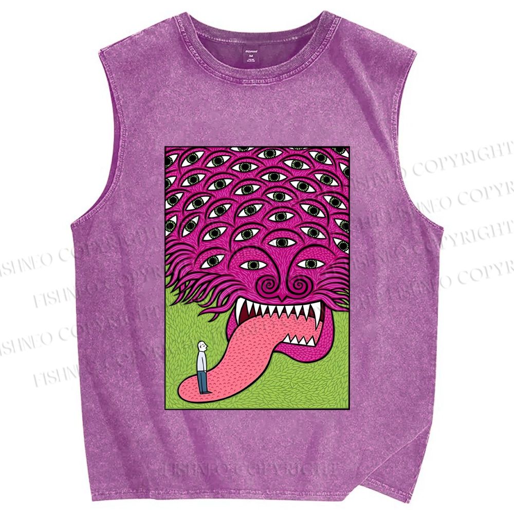 Unisex Spooky Monster With Eyes Printed Washed Tank Top