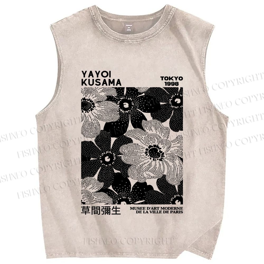 Unisex Yayoi Kusama Black Dots Flowers Printed Washed Tank Top