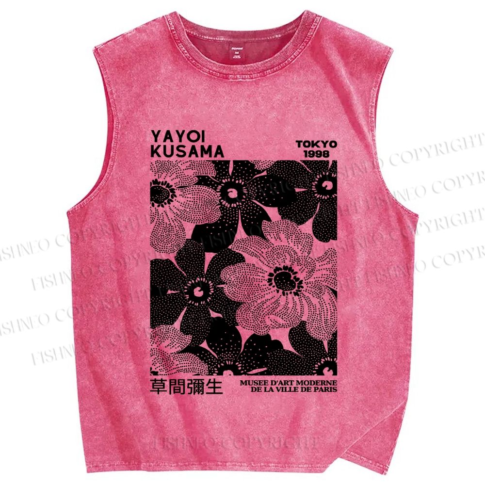 Unisex Yayoi Kusama Black Dots Flowers Printed Washed Tank Top