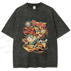 Unisex Japanese Ramen Chef Cat Printed Washed Tee