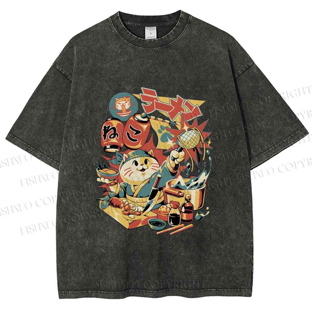 Unisex Japanese Ramen Chef Cat Printed Washed Tee