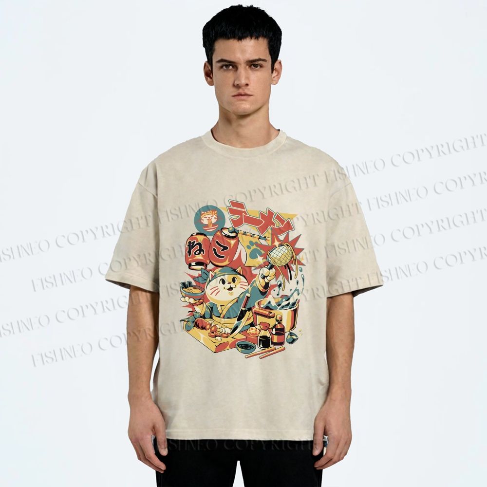 Unisex Japanese Ramen Chef Cat Printed Washed Tee