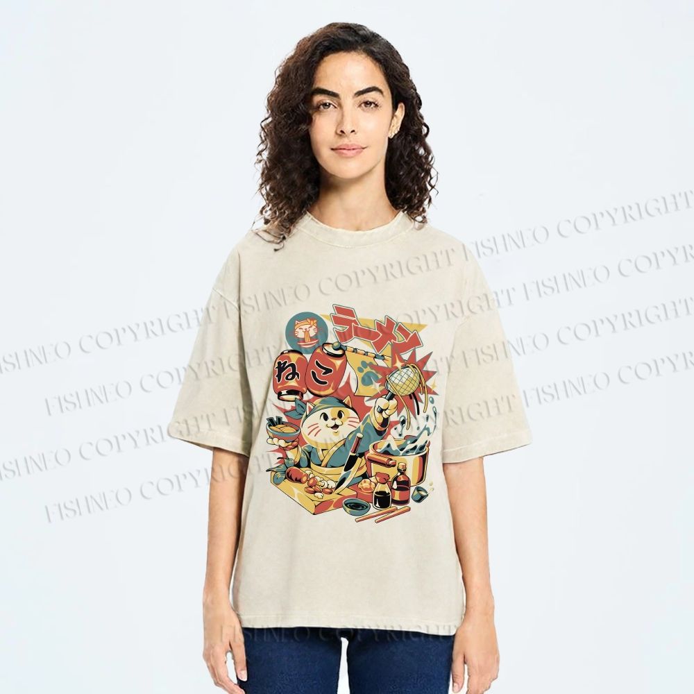 Unisex Japanese Ramen Chef Cat Printed Washed Tee