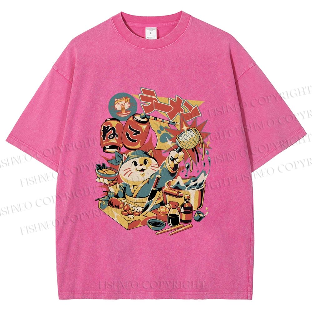 Unisex Japanese Ramen Chef Cat Printed Washed Tee
